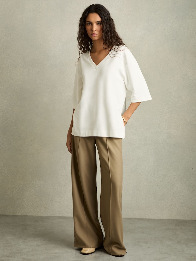 Reiss White Annabel Stretch-Cotton Oversized V-Neck T-Shirt - Image 1 of 6