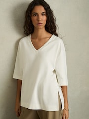 Reiss White Annabel Stretch-Cotton Oversized V-Neck T-Shirt - Image 3 of 6
