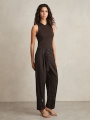 Reiss Chocolate Brown Molly Belted Zip-Leg Tapered Trousers - Image 1 of 6