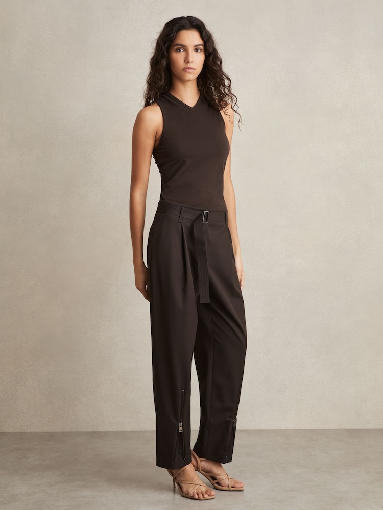 Reiss Chocolate Brown Molly Belted Zip-Leg Tapered Trousers - Image 1 of 6