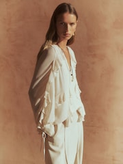 Reiss Pale Pink Zaria Ruffle Trim Tie Neck Top - Image 1 of 7