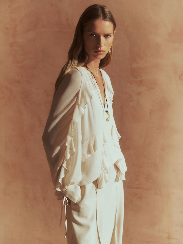 Reiss Pale Pink Zaria Ruffle Trim Tie Neck Top - Image 1 of 7