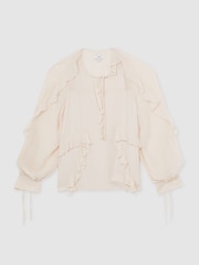 Reiss Pale Pink Zaria Ruffle Trim Tie Neck Top - Image 2 of 7