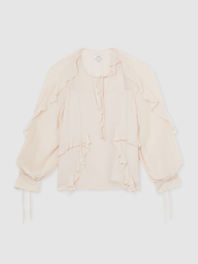 Reiss Pale Pink Zaria Ruffle Trim Tie Neck Top - Image 2 of 7