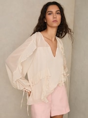 Reiss Pale Pink Zaria Ruffle Trim Tie Neck Top - Image 3 of 7