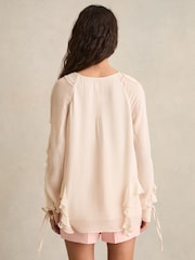 Reiss Pale Pink Zaria Ruffle Trim Tie Neck Top - Image 4 of 7