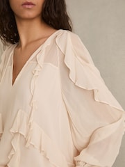 Reiss Pale Pink Zaria Ruffle Trim Tie Neck Top - Image 5 of 7