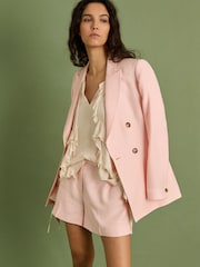 Reiss Pale Pink Zaria Ruffle Trim Tie Neck Top - Image 6 of 7