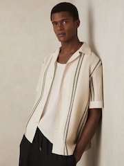 Reiss Off White/Navy Opal Crochet Stripe Cuban-Collar Shirt - Image 1 of 6
