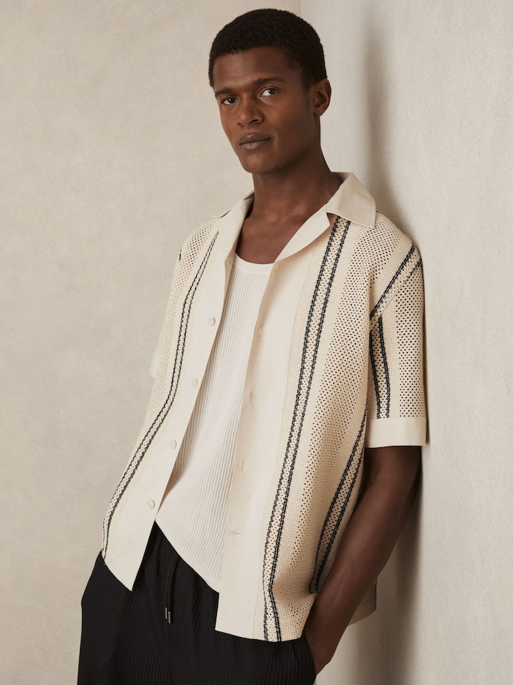 Reiss Off White/Navy Opal Crochet Stripe Cuban-Collar Shirt - Image 1 of 6