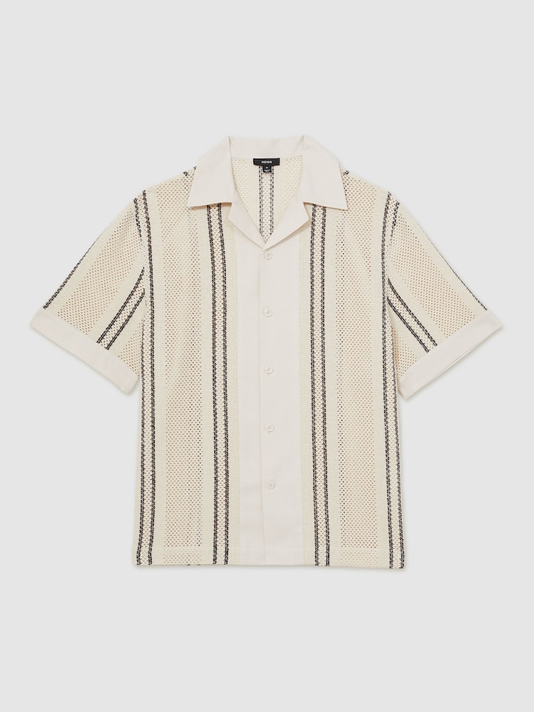 Reiss Off White/Navy Opal Crochet Stripe Cuban-Collar Shirt - Image 2 of 6