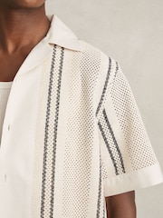 Reiss Off White/Navy Opal Crochet Stripe Cuban-Collar Shirt - Image 4 of 6