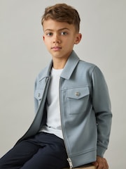 Reiss Soft Denim Blue Medina 3-9 yrs Interlock Zip-Through Overshirt - Image 1 of 4
