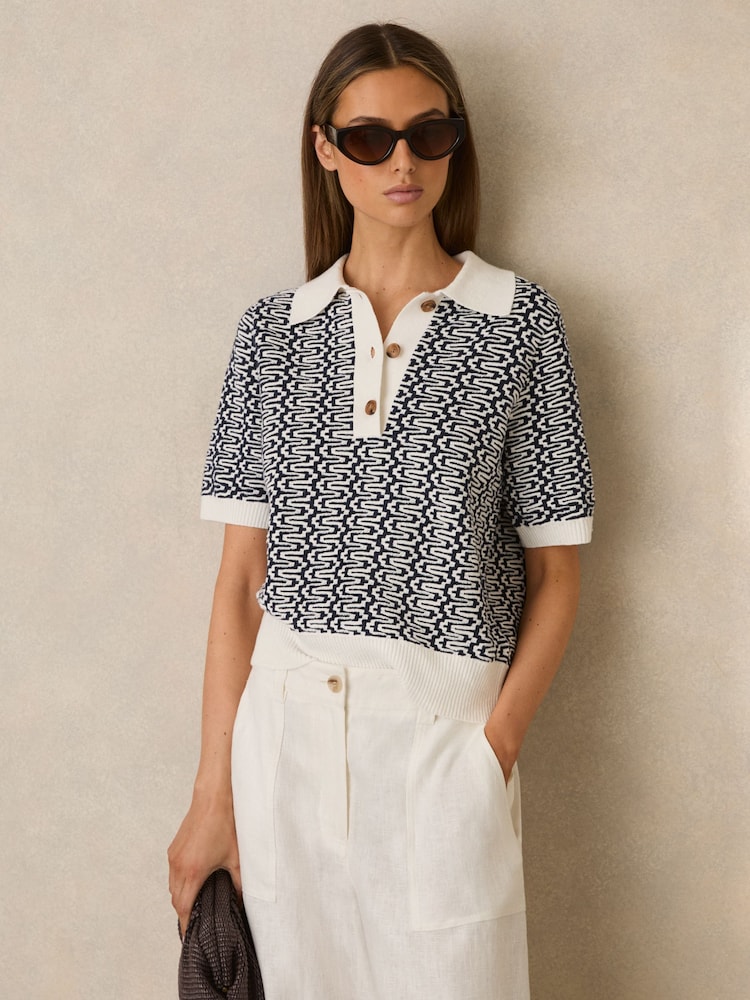 Reiss Blue/Ivory Jem Zig-Zag Knit Polo Shirt - Image 1 of 6