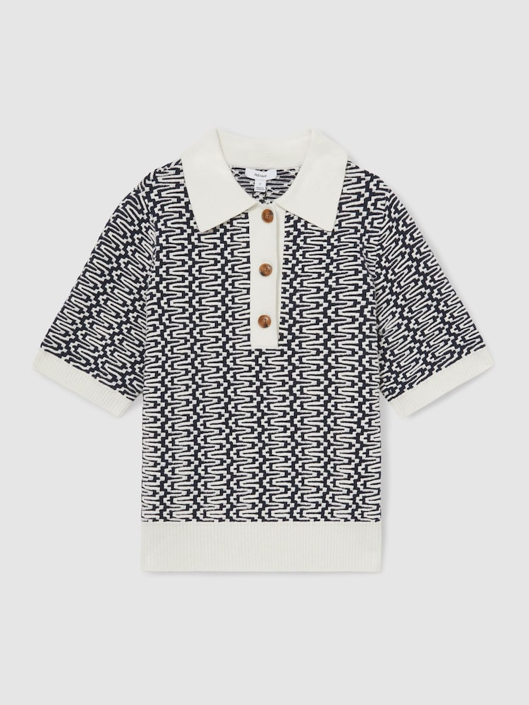 Reiss Blue/Ivory Jem Zig-Zag Knit Polo Shirt - Image 2 of 6