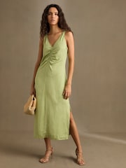 Reiss Green Pari Petite Ruched Sleeveless Midi Dress With Linen - Image 1 of 7