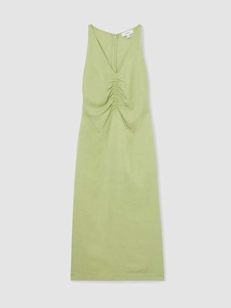 Reiss Green Pari Petite Ruched Sleeveless Midi Dress With Linen - Image 2 of 7