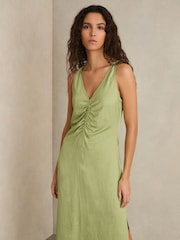 Reiss Green Pari Petite Ruched Sleeveless Midi Dress With Linen - Image 3 of 7