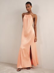 Reiss Peach Tallie Satin Halterneck Maxi Dress - Image 3 of 6
