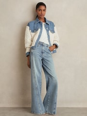 Reiss Denim Blue Anna Quilted Colour Block Denim Jacket - Image 1 of 6