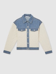 Reiss Denim Blue Anna Quilted Colour Block Denim Jacket - Image 2 of 6