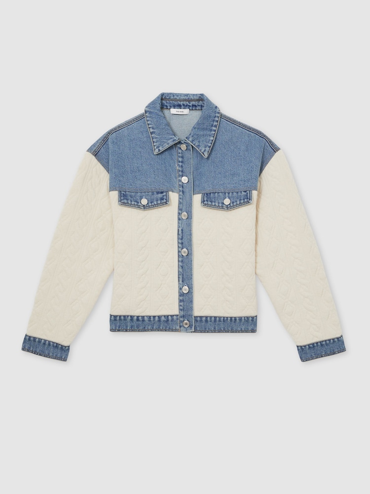 Reiss Denim Blue Anna Quilted Colour Block Denim Jacket - Image 2 of 6