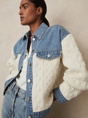Reiss Denim Blue Anna Quilted Colour Block Denim Jacket - Image 3 of 6