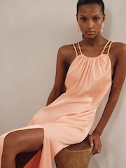 Reiss Peach Tallie Petite Satin Halterneck Maxi Dress - Image 3 of 7