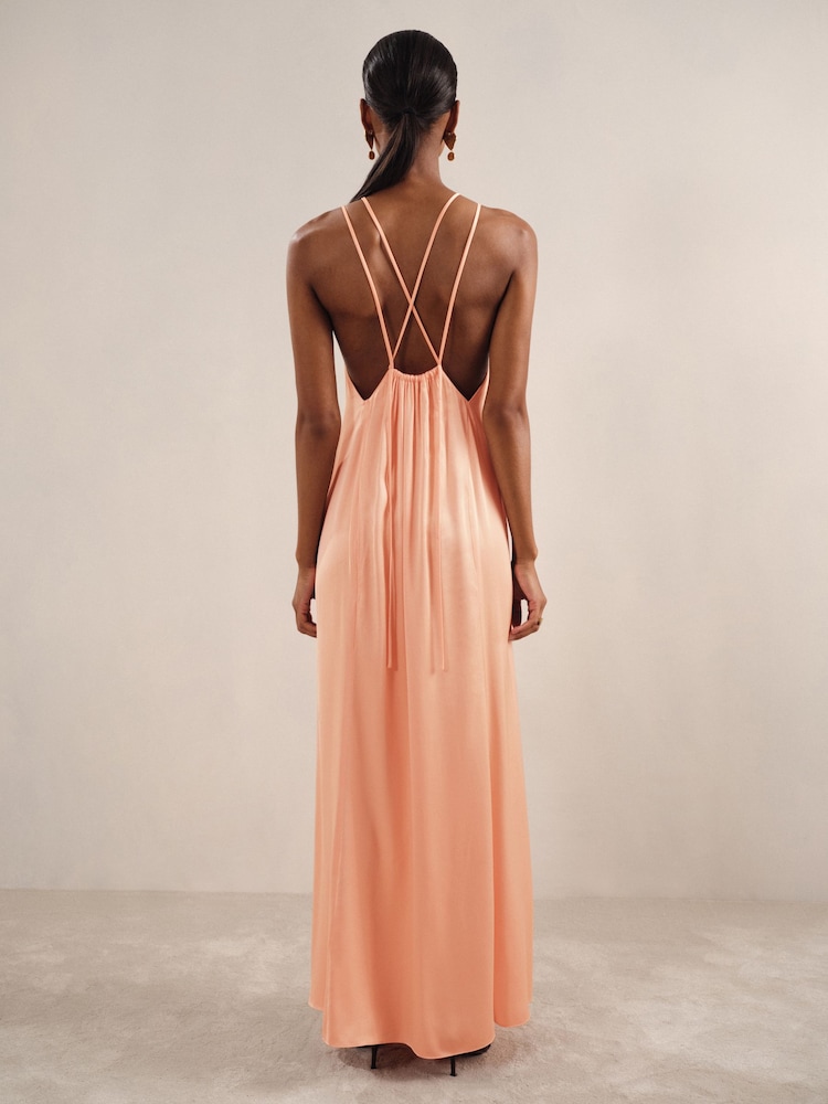 Reiss Peach Tallie Petite Satin Halterneck Maxi Dress - Image 5 of 7