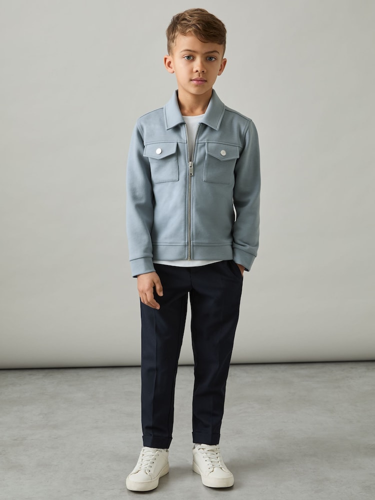 Reiss Soft Denim Blue Medina 9-13 yrs Interlock Zip-Through Overshirt - Image 1 of 4