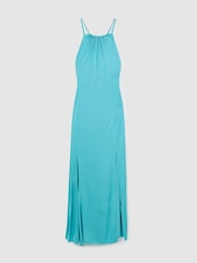 Reiss Blue Tallie Satin Halterneck Maxi Dress - Image 2 of 5
