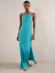 Reiss Blue Tallie Satin Halterneck Maxi Dress - Image 3 of 5