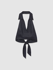 Reiss Navy Cara Linen Halterneck Top - Image 2 of 5