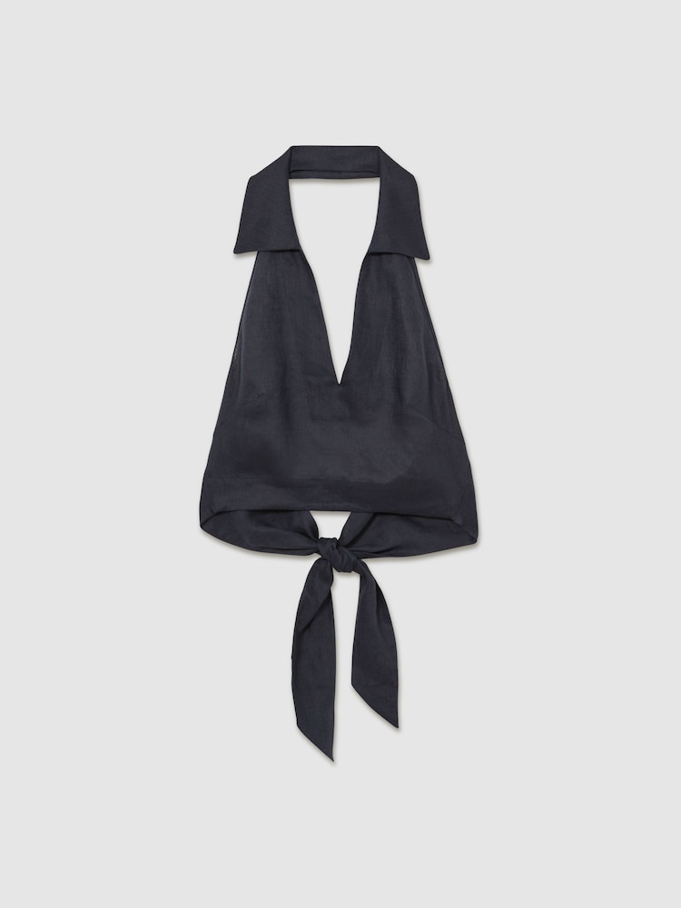 Reiss Navy Cara Linen Halterneck Top - Image 2 of 5