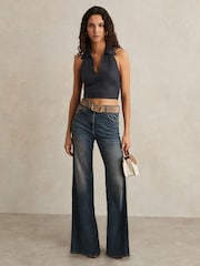 Reiss Navy Cara Linen Halterneck Top - Image 4 of 5