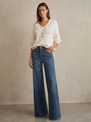 Reiss Mid Blue Heather Stretch-Cotton Wide-Leg Jeans - Image 1 of 7