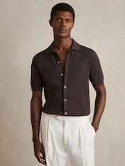 Коричнево-шоколадный - Reiss Thames Textured Knit Button-Through Shirt - Изображение 1 из 6
