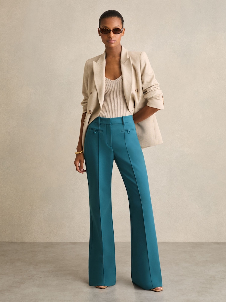 Reiss Teal Abbey Welt Pocket Flared Trousers - Image 1 of 6