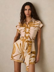 Reiss Neutral Harri Palm Print Belted Playsuit - Image 1 of 6
