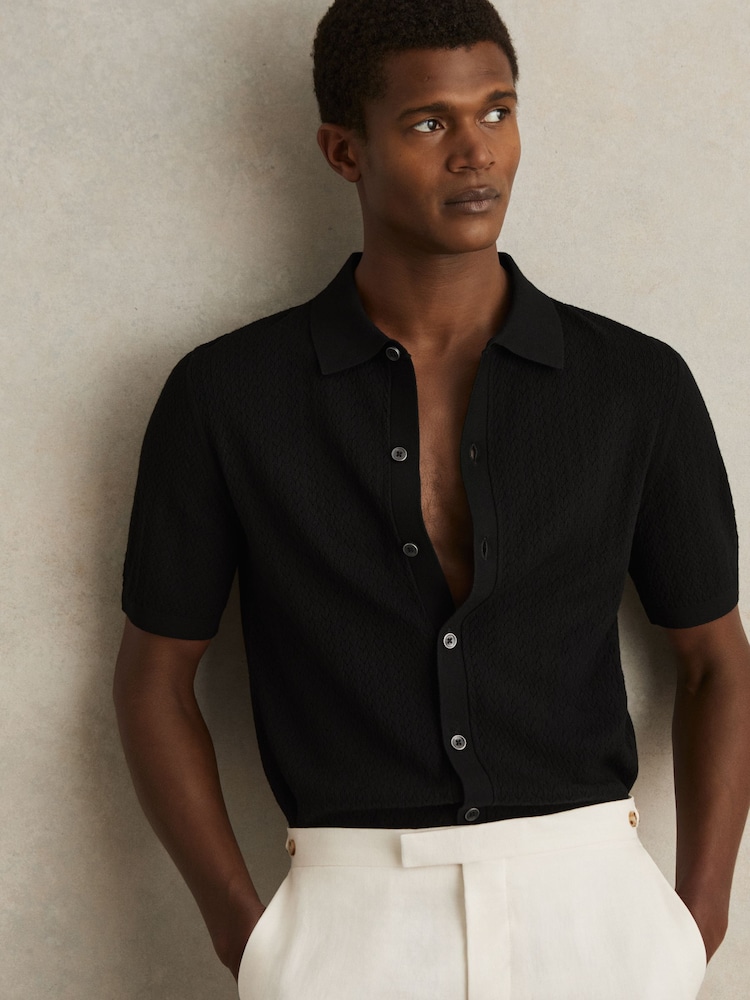 Черный - Reiss Thames Textured Knit Button-Through Shirt - Изображение 1 из 7 Черный - Reiss Thames Textured Knit Button-Through Shirt - Изображение 1 из 7