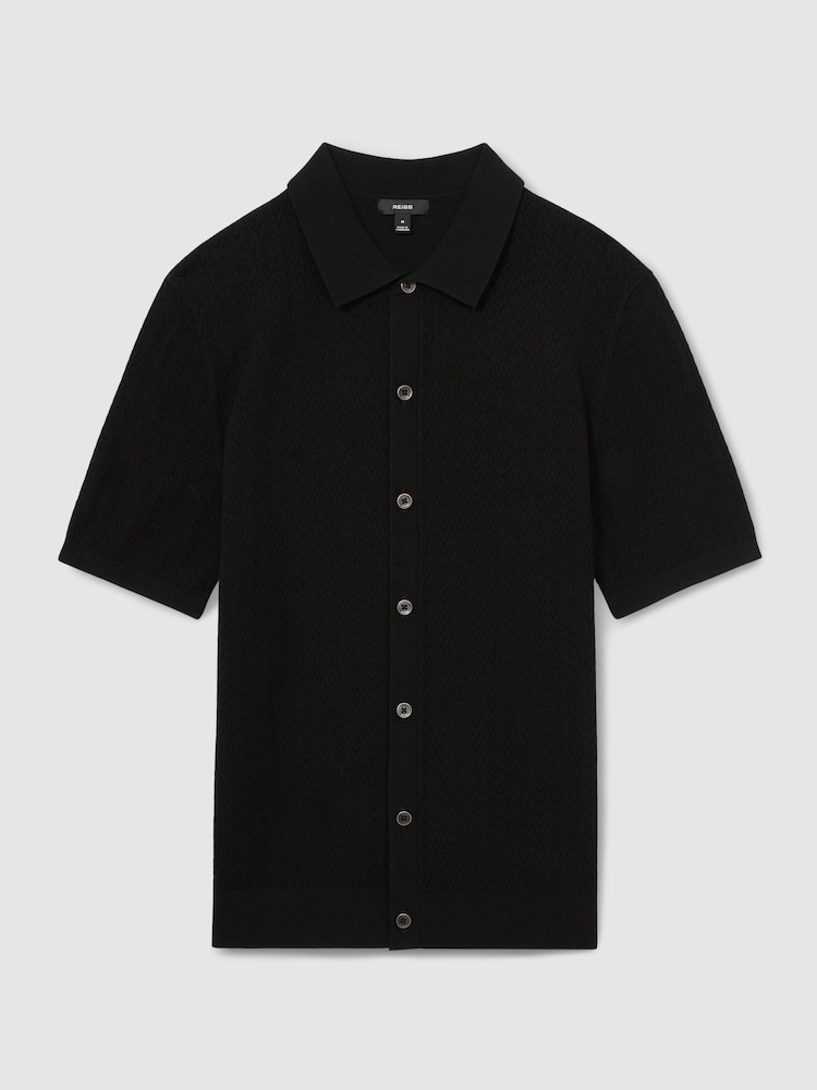 Reiss Black Thames Textured Knit Button-Through Shirt - Image 2 of 7