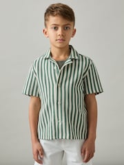 Reiss Green/White Trig 9-13 yrs Textured Stripe Cuban-Collar Shirt - Image 1 of 4