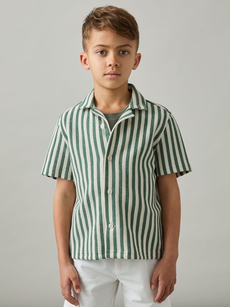 Reiss Green/White Trig 9-13 yrs Textured Stripe Cuban-Collar Shirt - Image 1 of 4