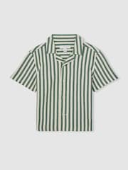 Reiss Green/White Trig 9-13 yrs Textured Stripe Cuban-Collar Shirt - Image 2 of 4