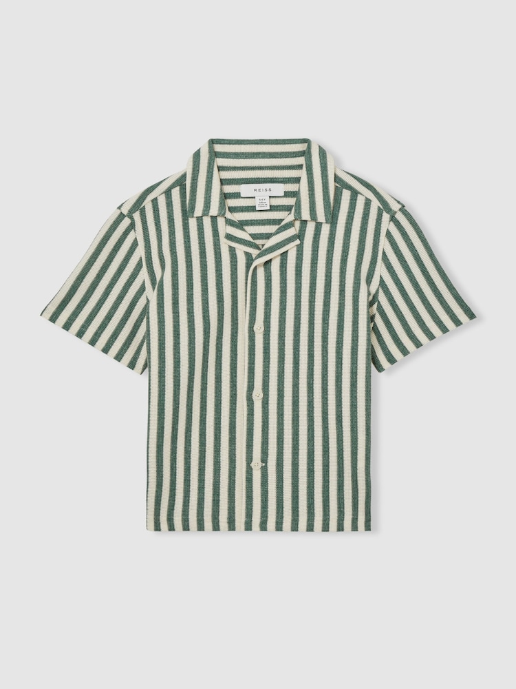 Reiss Green/White Trig 9-13 yrs Textured Stripe Cuban-Collar Shirt - Image 2 of 4