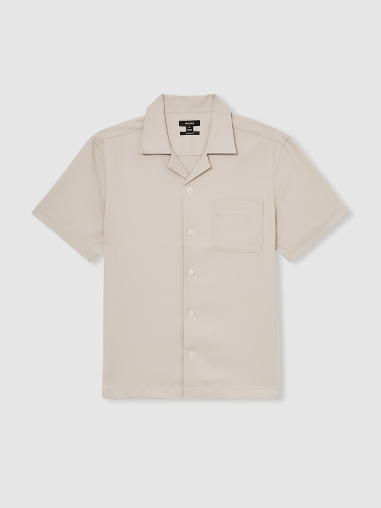 Reiss Stone Nitus Herringbone Twill Cuban Collar Short Sleeve Shirt - Image 2 of 6
