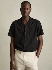 Reiss Black Nitus Herringbone Twill Cuban Collar Short Sleeve Shirt - Image 1 of 6