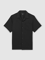 Reiss Black Nitus Herringbone Twill Cuban Collar Short Sleeve Shirt - Image 2 of 6