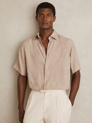 Reiss Oatmeal Coupe Floral-Jacquard Short-Sleeve Shirt - Image 1 of 6