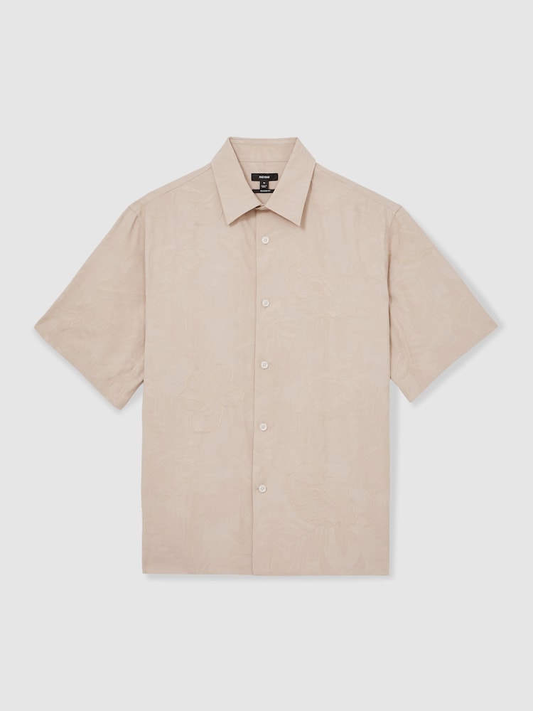 Reiss Oatmeal Coupe Floral-Jacquard Short-Sleeve Shirt - Image 2 of 6